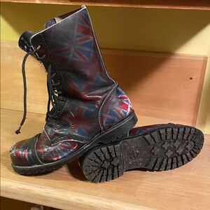 London Underground Union Jack Rub Off Lace-Up Black Combat Boots 10 eyelet